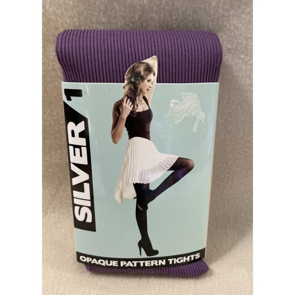 WOMENS FASHION TIGHTS Thick Opaque Pattern Purple Ribbed L-XL Vintage 